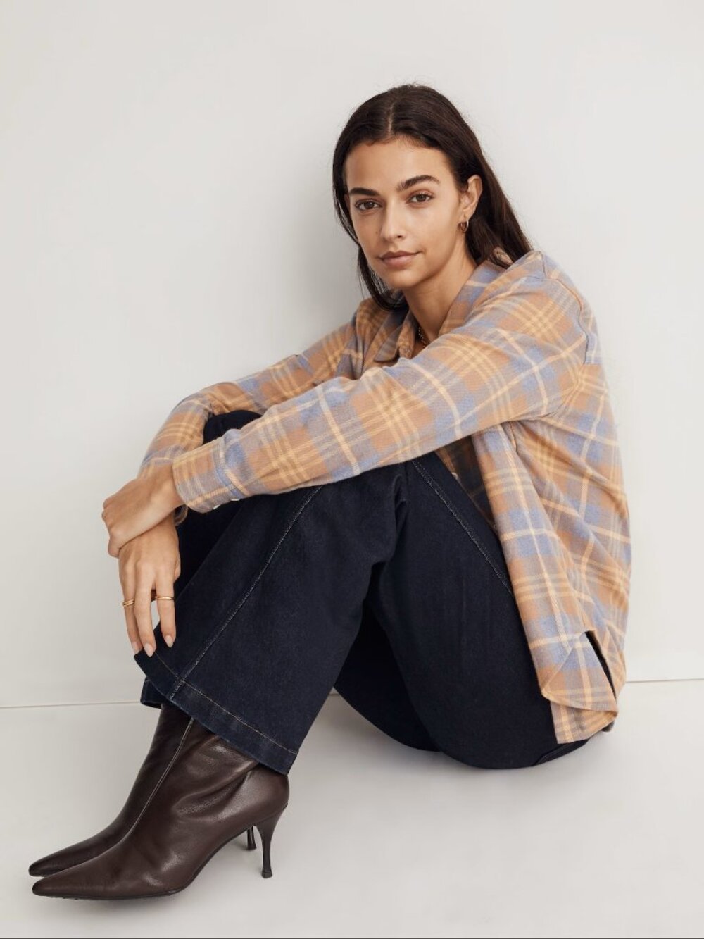Madewell Oversized Boyfriend Plaid Flannel Button Down Shirt Top Tan Blue XS - Picture 3 of 6